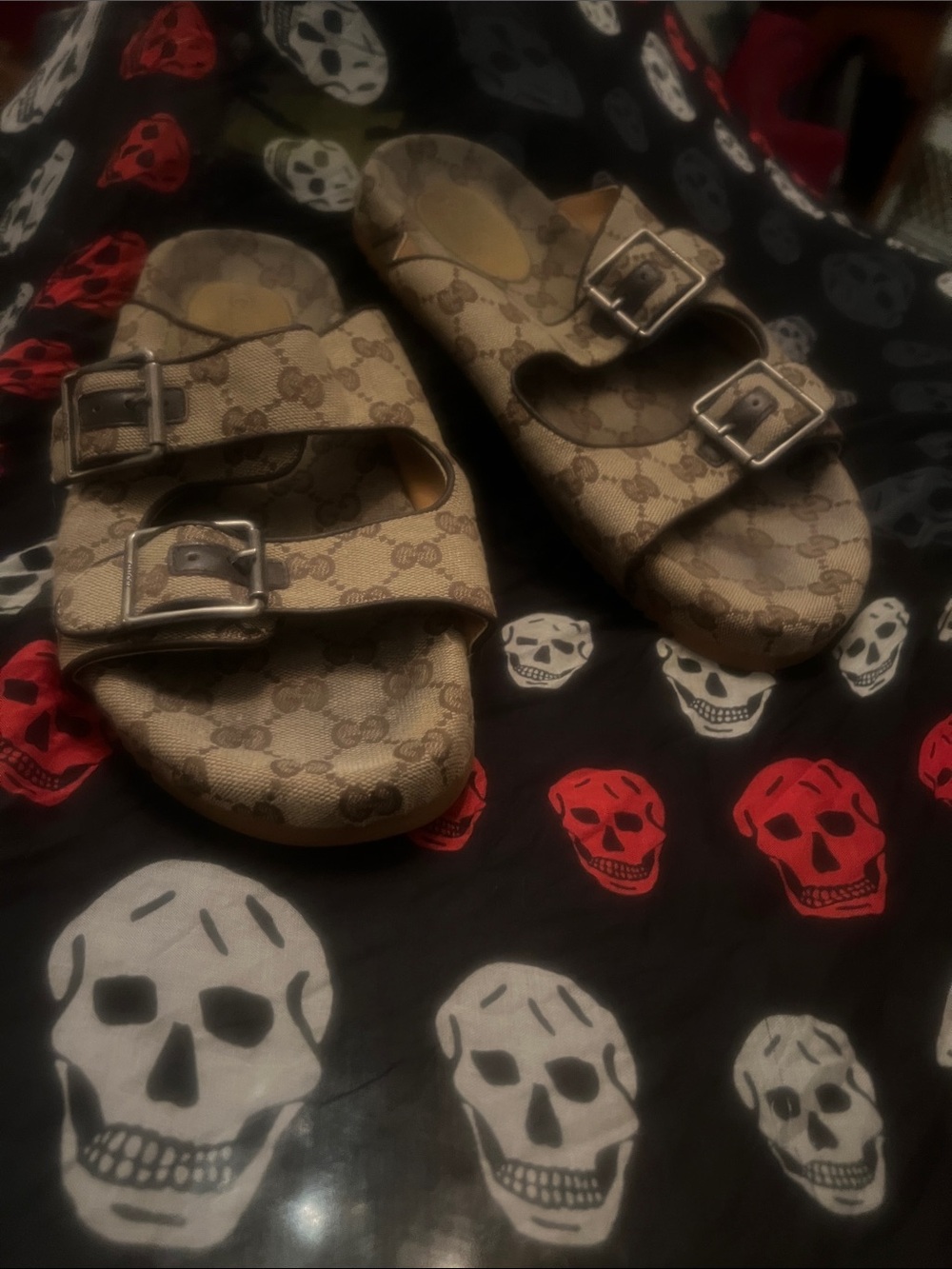 Gucci Beige Monogram Double-Buckle Mens Sandals